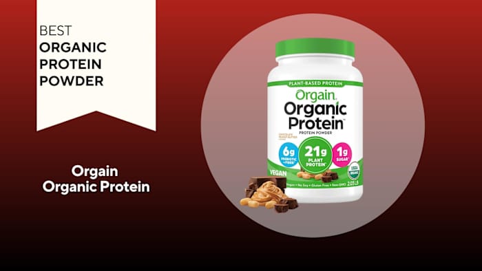 A red background with a banner reading "Best Organic Protein Powder" next to a white and lime green bottle of Orgain Organic Protein Powder in chocolate peanut butter flavor
