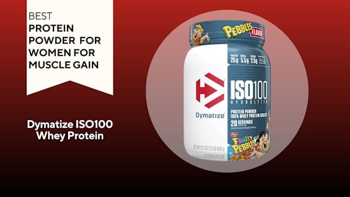 A red background with a white banner reading "Best Protein Powder for Women for Muscle Gain" next to a white and blue-grey container of Dymatize ISO100 whey protein powder in Fruity Pebbles flavor
