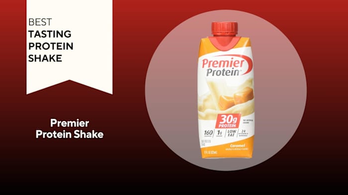 A red background with a white banner reading "Best Tasting Protein Shake" next to a white and orange carton of Premier Protein shake in Caramel flavor