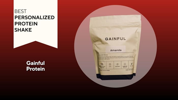 A red background with a white banner reading "Best Personalized Protein Shake" next to a tan bag of personalized Gainful protein powder with the name Amanda on the front
