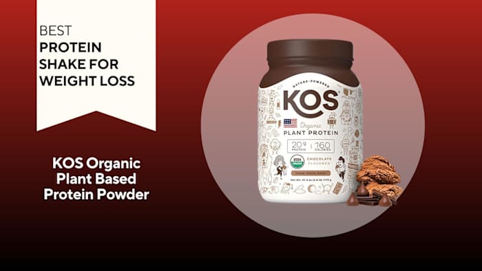 A red background with a white banner reading "Best Protein Shake for Weight Loss" next to a brown and cream colored container of KOS Plant protein powder in Chocolate flavor