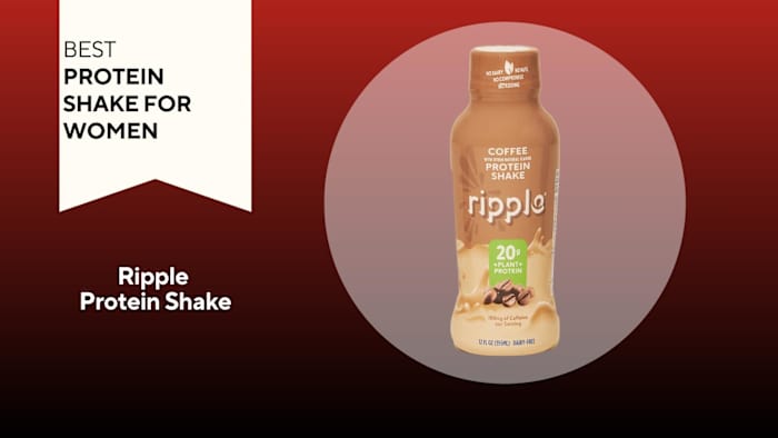 A red background with a white banner reading "Best Protein Shake for Women" next to a brown and tan bottle of Ripple protein shake in Caramel flavor