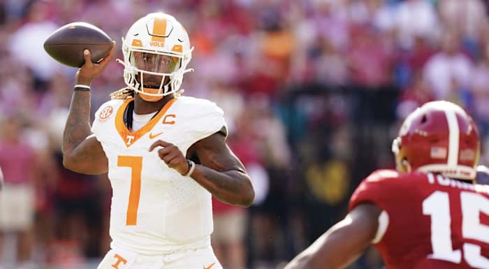 Tennessee Volunteers QB Joe Milton III during the game against Alabama. (Photo by ohn David Mercer of USA Today Sports)