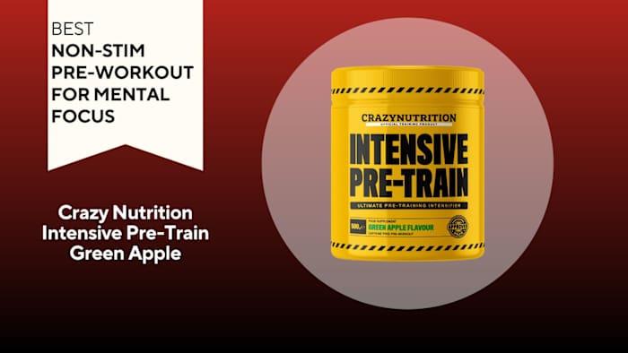 A red background with a white banner reading "Best Non-Stim Pre-Workout for Mental Focus" next to a yellow and black container of Crazy Nutrition Intensive Pre-Train in Green Apple flavor