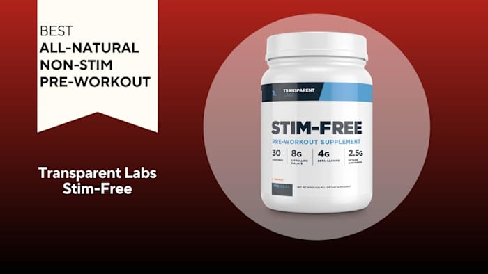 A red background with a white banner reading "Best All-Natural Non-Stim Pre-Workout" next to a white and navy container of Transparent Labs Stim-Free Pre-Workout Supplement