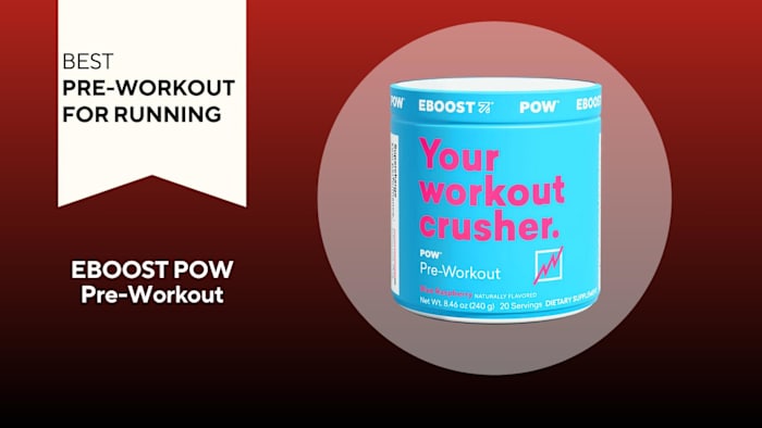 A red background with a white banner reading "Best Pre-Workout for Running" next to a turquoise and pink container of Eboost Pow in Blue Raspberry flavor