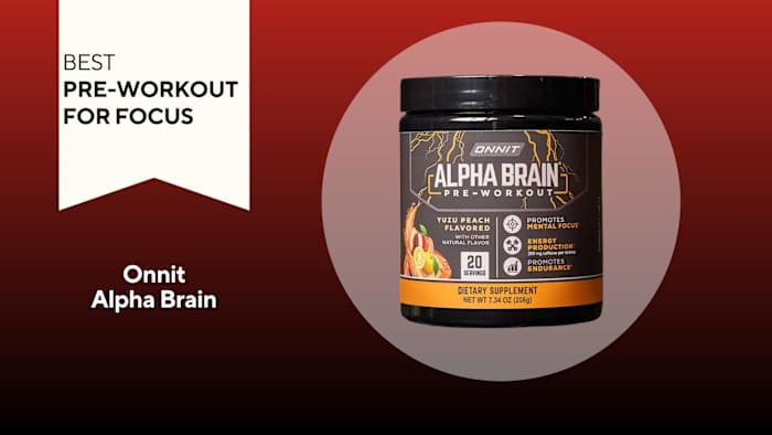 A red background with a white banner reading "Best Pre-Workout for Focus" next to a black and orange container of Onnit Alpha Brain Pre-Workout in Yuzu Peach flavor