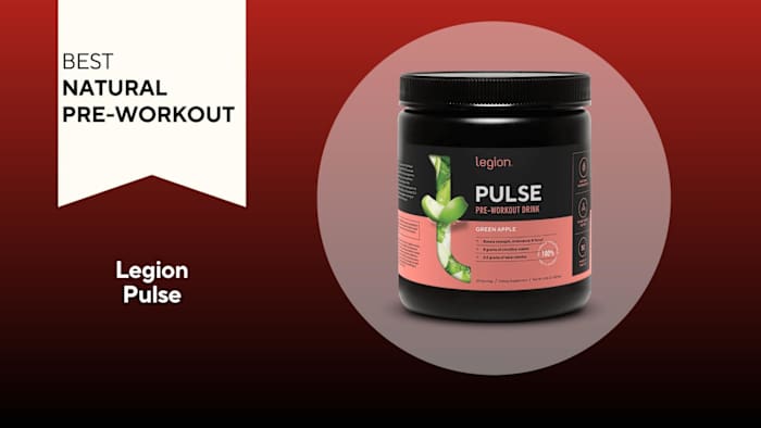 A red background with a white banner reading "Best Natural Pre-Workout" next to a black and coral colored container of Legion Pulse Pre-Workout in Green Apple flavor