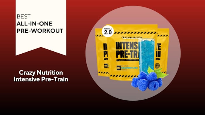 A red background with a banner reading "Best All-in-One Pre-Workout" next to three yellow and black bags of Crazy Nutrition Intensive Pre-Train in Blue Raspberry flavor