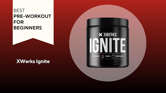 A red background with a white banner reading "Best Pre-Workout for Beginners" next to a black and white container of XWerks Ignite