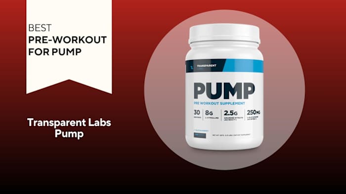 A red background with a white banner reading "Best Pre-Workout for Pump" next to a white and navy container of Transparent Labs Pump Pre-Workout in Blue Raspberry flavor