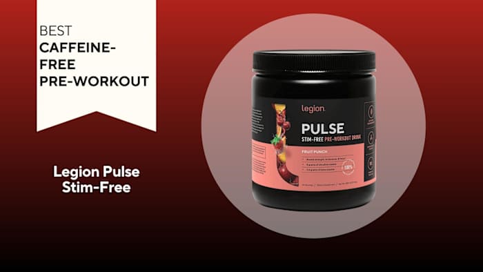 A red background with a white banner reading "Best Caffeine-Free Pre-Workout" next to a black and coral colored container of Legion Pulse Stim-Free Pre-Workout in Fruit Punch flavor