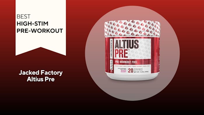 A red background with a white banner reading "Best High-Stim Pre-Workout" next to a white and red container of Jacked Factory Altius Pre Pre-Workout in Mixed Berry flavor