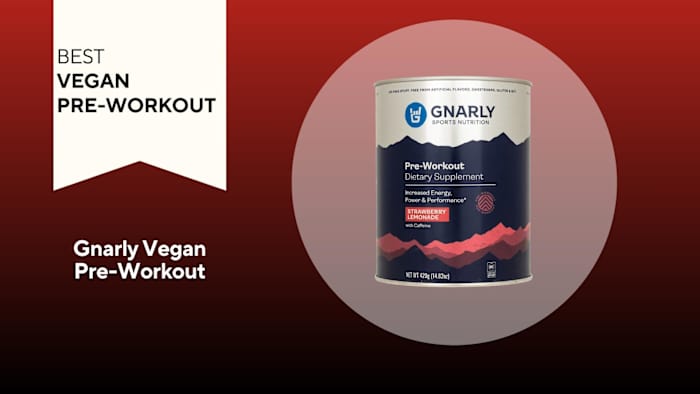 A red background with a white banner reading "Best Vegan Pre-Workout" next to a white, navy and pink container of Gnarly Vegan Pre-Workout in Strawberry Lemonade flavor