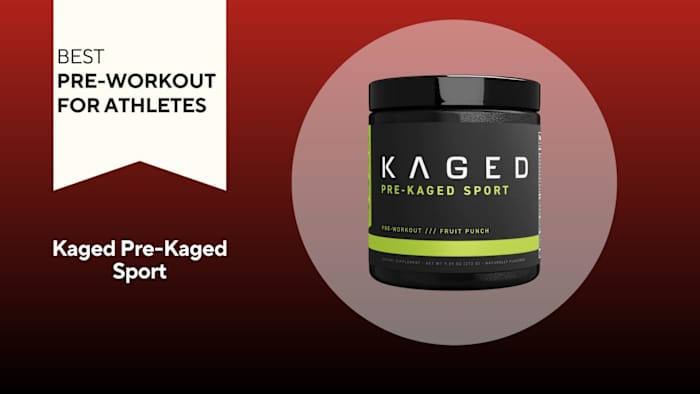 A red background with a white banner reading "Best Pre-Workout for Athletes" next to a black and green container of Kaged Pre-Kaged Sport Pre-Workout in Fruit Punch flavor