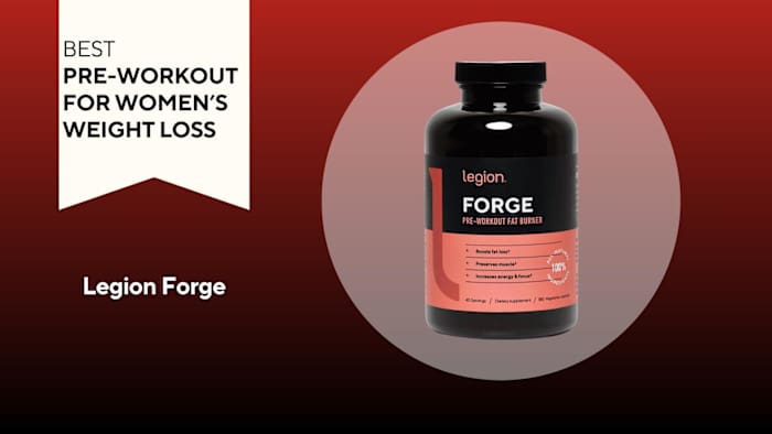 A red background with a white banner that says, "Best Pre-Workout for Women's Weight Loss" next to a black and coral container of Legion Forge pre-workout supplement