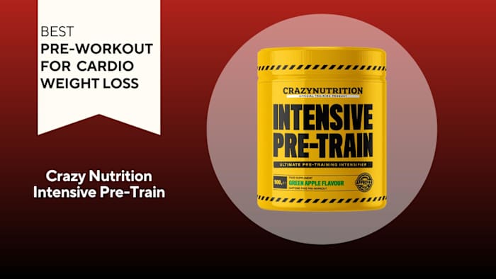 A red background with a banner reading "Best Pre-Workout for Cardio Weight Loss" next to a yellow and black container of Crazy Nutrition Intensive Pre-Train pre-workout in Green Apple flavor