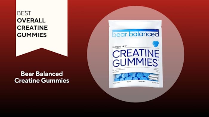 A red background with a white banner that says, "Best Overall Creatine Gummies" next to a white and blue bag of Bear Balanced Creatine Gummies