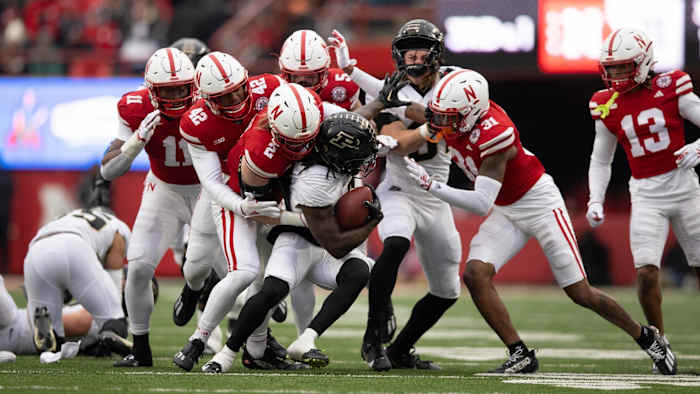 Nebraska's defense blanked a Purdue ball carrier (Oct. 28, 2023)