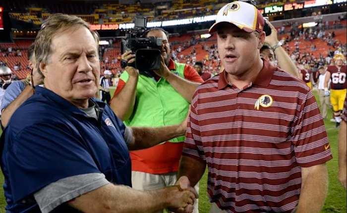 Belichick, shaking hands with then-Redskins head coach Jay Gruden, would find his way to Washington if a theory from Mike Florio comes to fruition