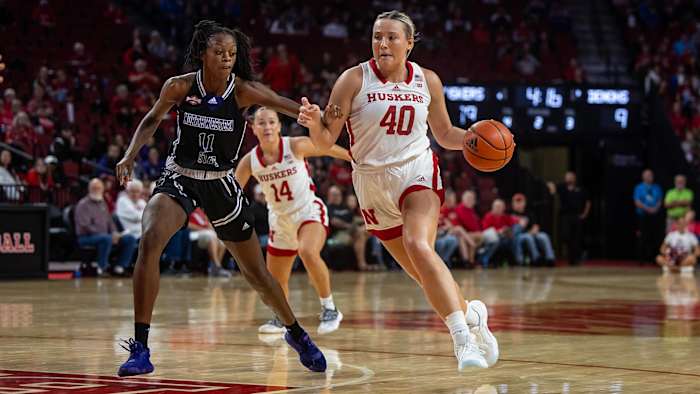 Nebraska forward Alexis Markowski drives to the basket against Northwestern State (Nov. 6, 2023)