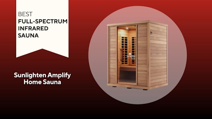 A box-shaped, wooden Sunlighten Amplify Home Sauna