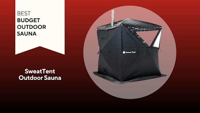 A black, box-shaped SweatTent Outdoor Sauna