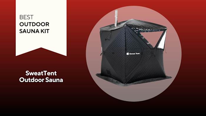 A black, cube-shaped SweatTent Outdoor Sauna