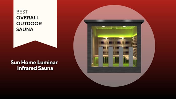 A box-shaped grey, green and beige Sun Home Luminar Outdoor 5-Person Full-Spectrum Infrared Sauna