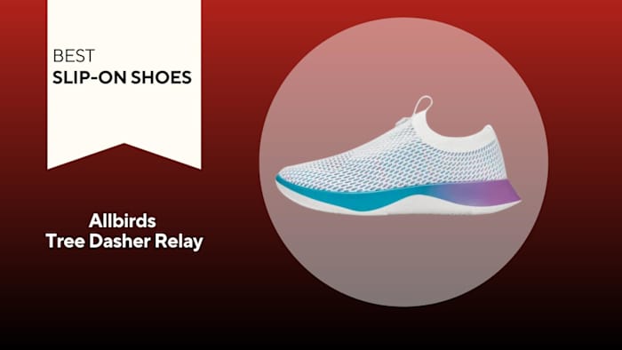 White Allbirds Tree Dasher Relay with blue and purple ombre sole