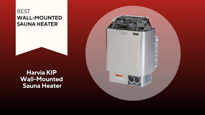 Harvia KIP Wall-Mounted Sauna Heater — a box-shaped, metal heater with a grated top with grey rocks underneath