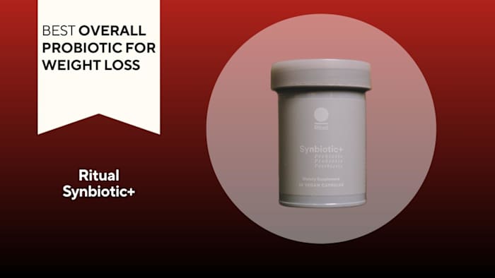 A red and black background with a white banner that reads best overall probiotic for weight loss beside a gray bottle of Ritual Synbiotic+ probiotic and prebiotic supplement
