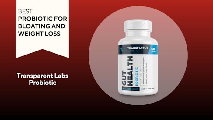 A red and black background with a white banner that reads best probiotic for bloating and weight loss beside a bottle of Transparent Labs gut health probiotic supplement
