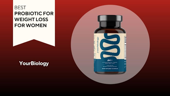 A red and black background with a white banner that reads best probiotic for weight loss for women beside a blue and cream colored bottle of YourBiology gut+ probiotic supplement