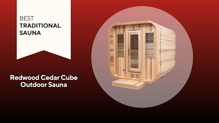 A wooden Redwood Cedar Cube Outdoor Sauna
