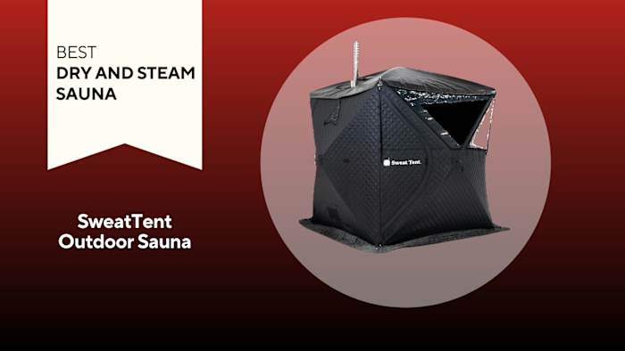 A black, box-shaped SweatTent Outdoor Sauna