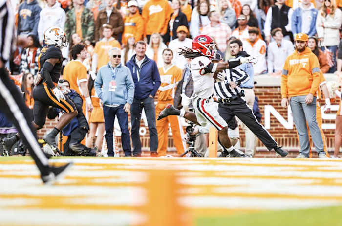 Georgia running back James Cook during the Bulldogs’ game against Tennessee at Neyland Stadium in Knoxville, Tenn., on Saturday, Nov. 13, 2021. (Photo by Tony Walsh)
