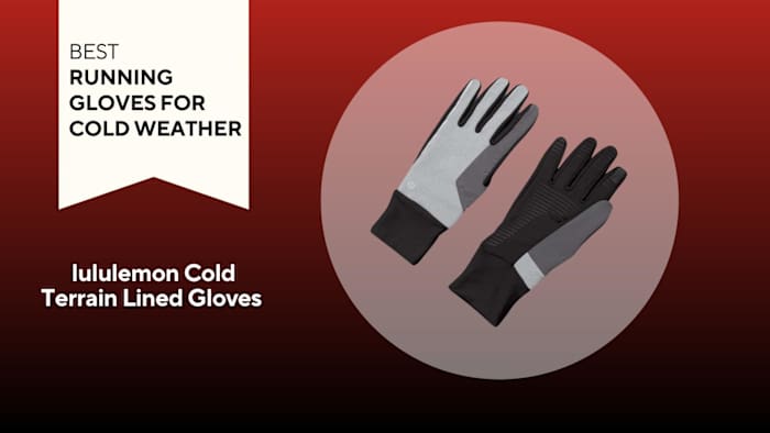 lululemon Cold Terrain Lined Gloves over a red background