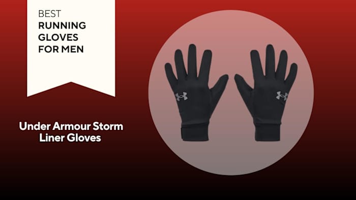 Under Armour Storm Liner Gloves over a red background