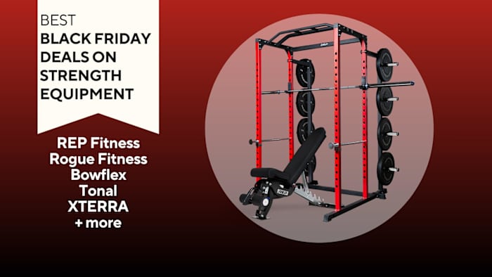 Black Friday deals on strength equipment featuring an at-home gym setup on a red background