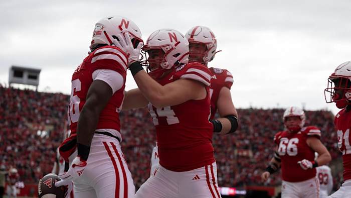 Nebraska players celebrate the touchdown of Janiran Bonner against Maryland (Nov. 11, 2023)
