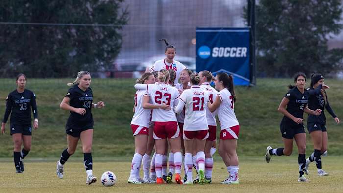 Nebraska soccer players celebrate a goal against UC Irvine in the NCAA Tournament third round (Nov. 19, 2023)
