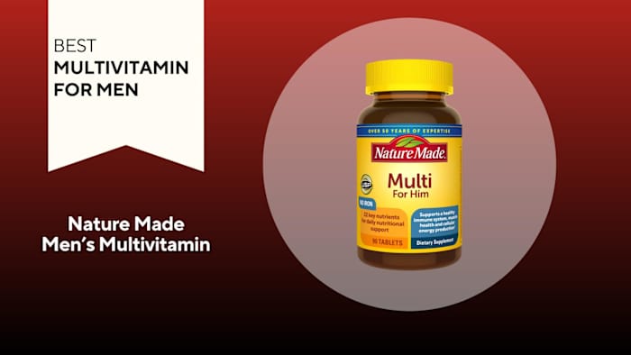 A red and black background with a white banner that reads Best Multivitamin for Men next to a bottle of Nature Made Multi for Him multivitamin capsules