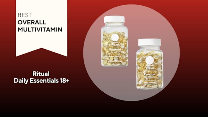 A red and black background with a white banner that reads Best Overall Multivitamin next to two bottles of Ritual Daily Essentials Multivitamins, one for men and one for women