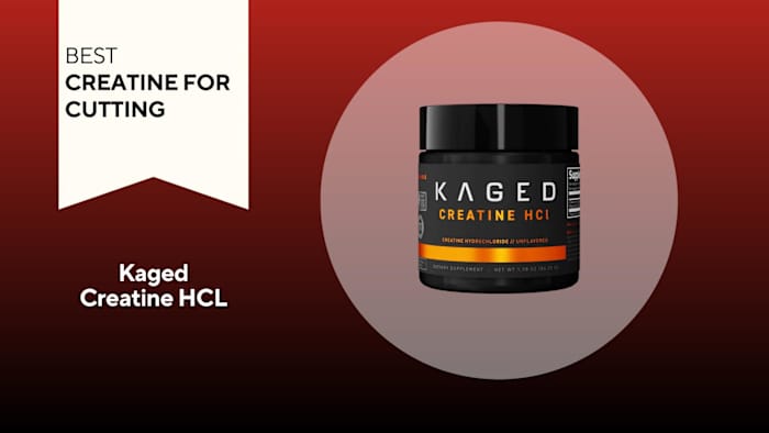 A red and black background with a white banner that reads Best Creatine for Cutting next to a black tub of Kaged Creatine HCL