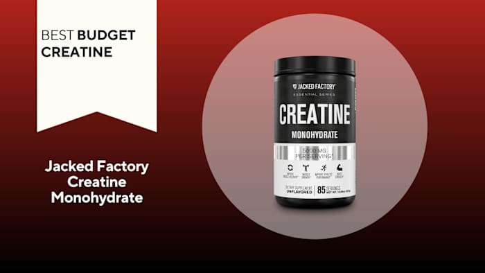 A red and black background with a white banner that reads Best Budget Creatine next to a tub of Jacked Factory Creatine Monohydrate