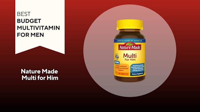 A red and black background with a white banner that reads Best Budget Multivitamin for Men next to a bottle of Nature Made Multi for Him