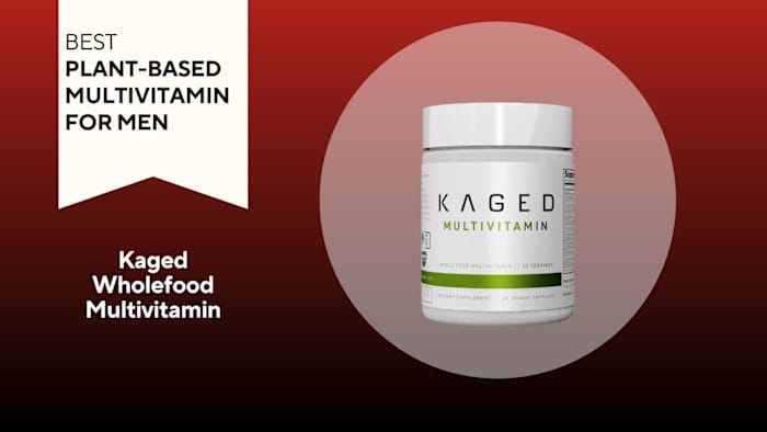 A red and black background with a white banner that reads Best Plant-Based Multivitamin for Men next to a bottle of Kaged Wholefood Multivitamins