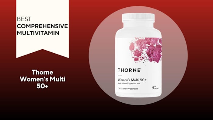 A red and black background with a white banner that reads Best Comprehensive Multivitamin beside a bottle of Thorne Women's Multi 50+