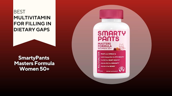 A red and black background with a white banner that reads Best Multivitamin for Filling in Dietary Gaps beside a bottle of SmartyPants Masters Formula for Women 50+